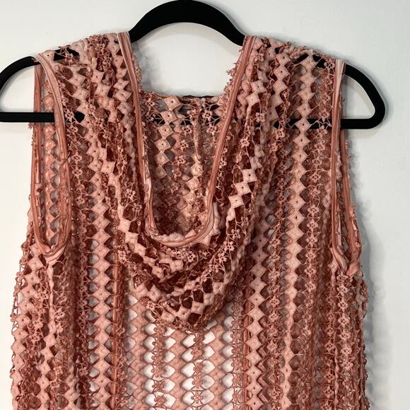 POL Duster Vest Crochet Fringe Trim Hood Size S Dark Blush Pink Boho Rave Indie - Picture 3 of 8